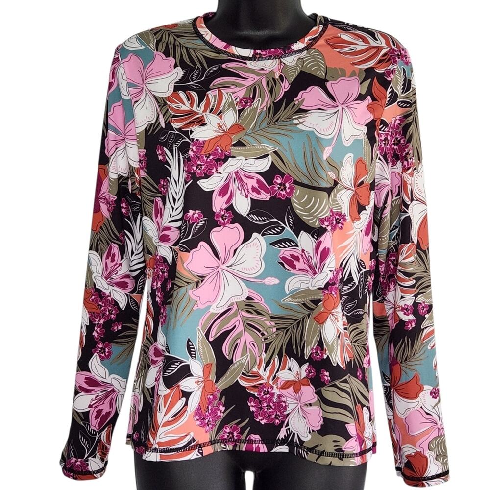 ROXY swim top floral long sleeve pink green size L